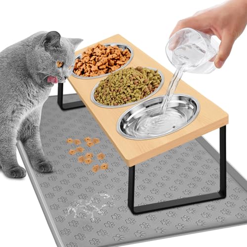Duscdesp Gamelle pour chat 3 en 1 en acier inoxydable avec support inclinée amovible pour nourriture et eau - Tapis de nourriture pour chat