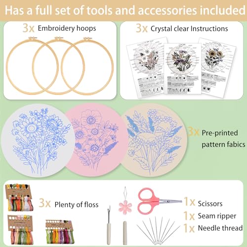 Image of Ohcol 3 Sets Embroidery Kit for Beginners Cross Stitch Kits Needlepoint Kits Crafts for Adults with 3 Embroidery Hoops Easy-to-Follow Operating Instructions,Needle Point Kits with Flowers Patterns