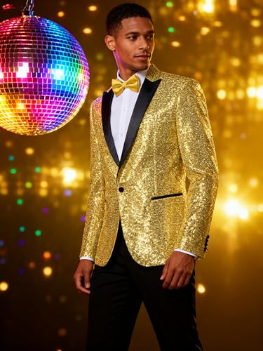 Image of Barry.Wang Mens Sequins Blazer Sparkle Dress Suit Jacket Cocktails Shiny Metallic Disco Dance Party Tuxedo Homecoming