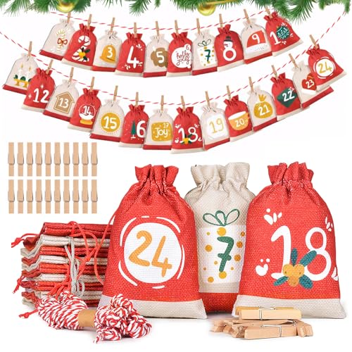 Adventskalender zum Befüllen Stoff 2025 ，24 Adventskalender Säckchen...