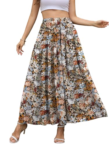 NASHALYLY Chiffon Maxi Skirt for Women A-Line High Waisted Elastic Floral Long Skirt(Coffee Floral M)