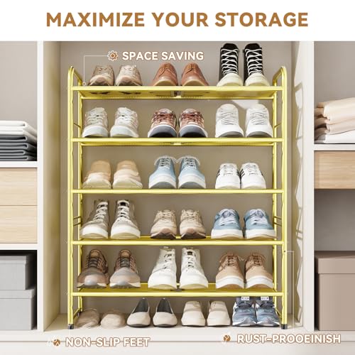 Image of Modern Shoe Rack, 5 Tier Heavy Duty Metal Mesh Shoe Shelf 27 Inch Wide, Glod