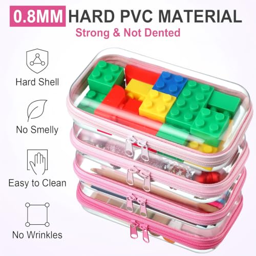 Image of Hoolerry 4 Pcs Hard Clear Zipper Case Makeup Bags Plastic Zipper Pouch Transparent Storage Box Containers for Cosmetics, Snacks, Building Blocks, Puzzles(Clear,7.5 x 3.9 x 2 in,Pink)