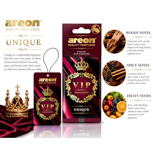 Image of AREON VIP Hanging Car Air Freshener Pack of 3 - Premium Car Perfume with Natural Fragrances, Stylish Hanging Cards Long Lasting Auto Air Freshener for Car, Home, Office & Vehicle Interior - UNIQUE