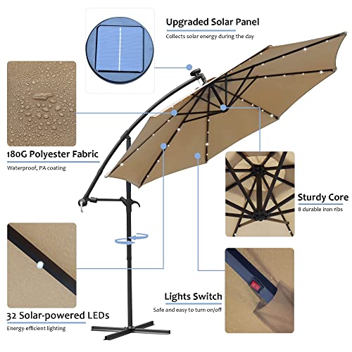 Blissun 10ft Offset Umbrella with 36 Solar LED Lights, Hanging Lighted Patio Umbrella with 360 Rotation, Outdoor Cantilever Umbrella (Tan)