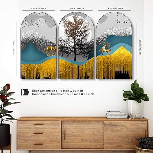 Image of Livin'luxe Golden Deer Abstract Wall Art 3 Panel Set | Modern Nature-Inspired Painting on MDF | Elegant Wall Hanging for Living Room Bedroom Office Home Decor (30 x 50 Inch) RPNL-77