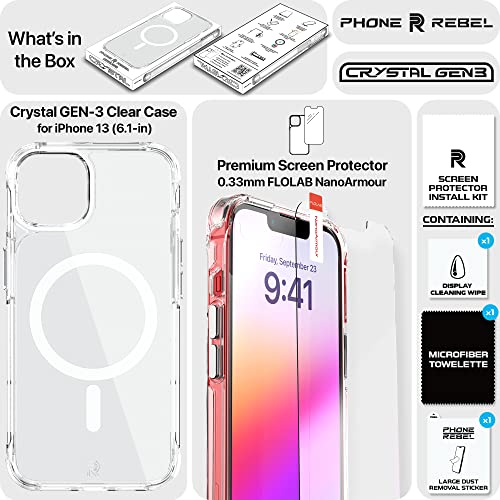 Rebel Phone Clear Iphone 13 Case [Crystal Series Gen-3] Magsafe Compatible, Non-Yellowing, Protective Shockproof Bumpers, Metal Buttons, Slim Fit Grip, 6.1 Inch 2021 (Crystal Clear) #TOP5