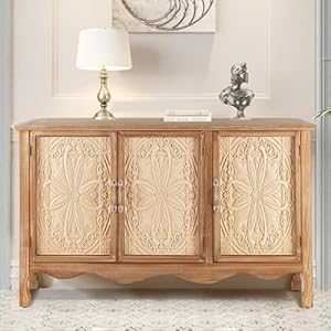 RoyalCraft Farmhouse Sideboard Buffet Cabinet with Storage, 49″ Solid Wood Credenza Buffet Table Coffee Bar Wine Bar Storage Cabinet with 3 Doors for Dining Room Living Room Hallway, (Provence Grain)
