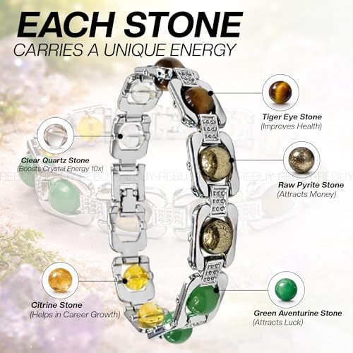 Image of REBUY Dhan Yog Bracelet for Men & Women | Certificate of Authenticity Natural Crystal Pyrite, Clear Quartz, Citrine Aventurine, Green Jade, Tiger Eye Stone Attracts Wealth & Money Magnet Bracelet