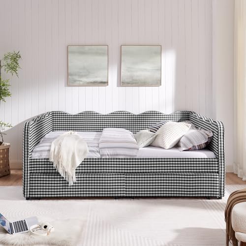 DEINPPA Queen Size Upholstered Daybed with 2 Storage Drawers, Gingham Daybed with USB Ports for Bedroom Living Room Guest Room-Black