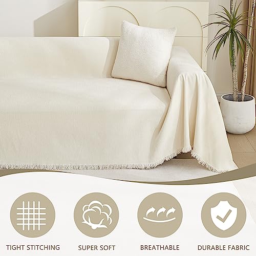 Mysky Home Boho Couch Cover Beige Sofa Covers With White Tassel Farmhouse Sofa Slipcover Simple Couch Protector For Dogs Chenille Sectional Couch Covers L Shaped Couch Cushion Covers thumb #1