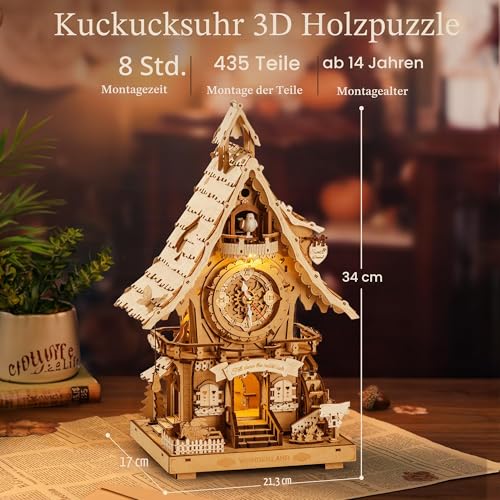 Robotime Puzzle 3D Kuckucksuhr aus Holz für Erwachsene, Modell-Kit zum Bauen, funktionierende Uhr mit Kuckucksound, Dekoration für Zuhause, Geschenk für Jugendliche und Erwachsene, LC901 (Farbe Holz)