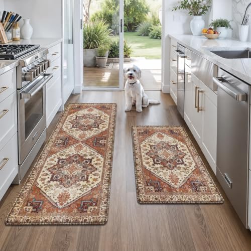 sdhinlwo Kitchen Mats for Floor 2 Piece Set, Vintage Terracotta Geometric Anti Fatigue Cushioned PVC Kitchen Rugs Non Slip Washable for Sink and Office (17.3"x47"+17.3"x29", Rust/Cream)