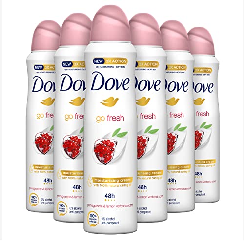 Dove, Go Fresh Deospray Granatapfel mit 1/4 Feuchtigkeitscreme, Antitranspirant, ohne Alkohol, trockene Haut bis zu 48 Stunden, Granatapfelduft, Deodorant für Damen und Herren, 6 Stück à 150 ml