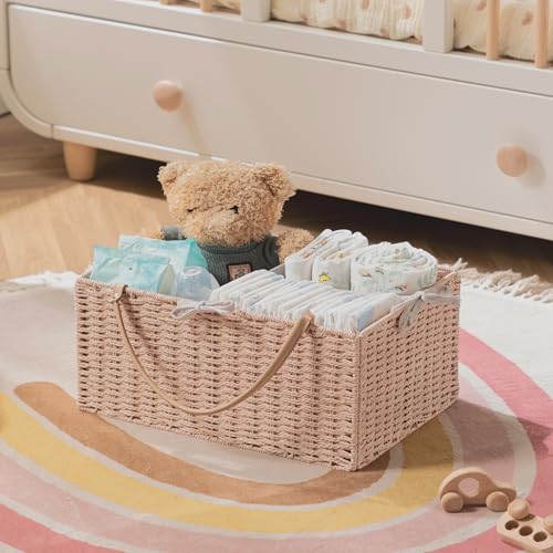 Image of HBlife Large Baby Diaper Caddy Organizer Pink, Paper Rope Storage Baskets Nursery Bin with Removable Divider, Portable Car Organizer for Diapers, Baby Shower Gifts, Newborn Essentials Must Haves