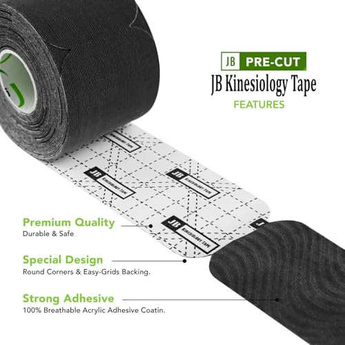 Image of JB Tape Kinesiology Tape, Black, 80 Precut 10-Inch Strips, 4 Rolls | Elastic, Latex-Free, Water Resistant, Athletic Muscle & Joint Support