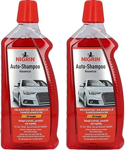 NIGRIN Autoshampoo Konzentrat, 1 Liter, entfernt auch starke Verschmutzungen, schont Lack- und Kunststoffoberflächen, mit Orangen-Duft, Orange (Packung mit 2)