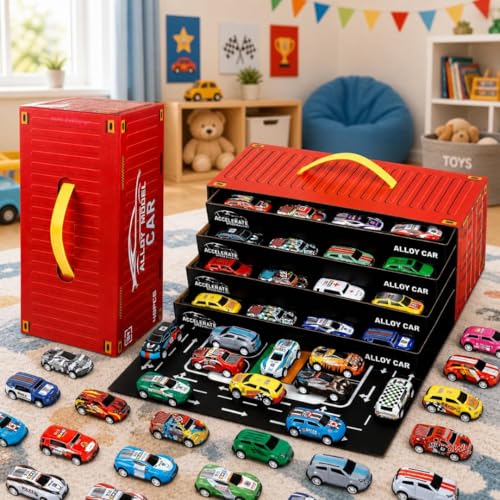 Image of MiniExplorer 48 Pcs Pull Back Cars Set for Kids | Racing Toy Cars Bulk Pack with Storage Container & Play Mat | Mini Alloy Vehicle Set for Boys & Girls 3-8 Years | Return Gifts, Party Favors