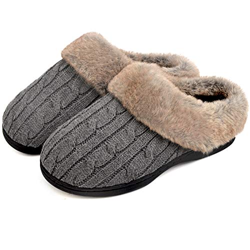 Parlovable Women's Fuzzy House Slippers Warm Soft Memory Foam Bedroom Shoes Slip on Cable Knit Rubber Sole Indoor 7