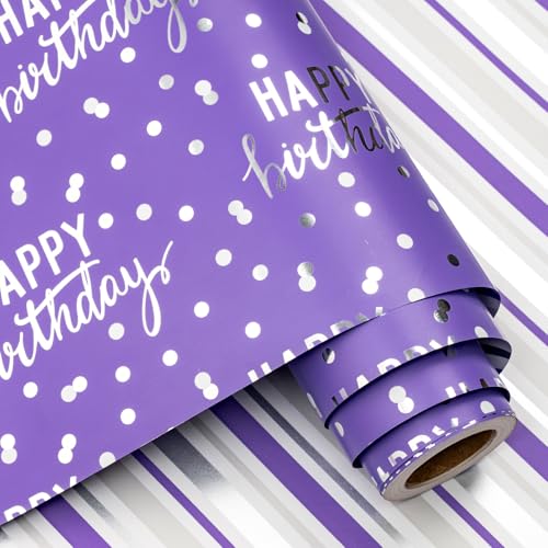 LeZakaa Reversible Purple Birthday Wrapping Paper Roll for Girls Women Happy Birthday Lettering & Stripe Pattern with Metallic Foil in Purple Mini Roll 17 inches x 9.8 Feet