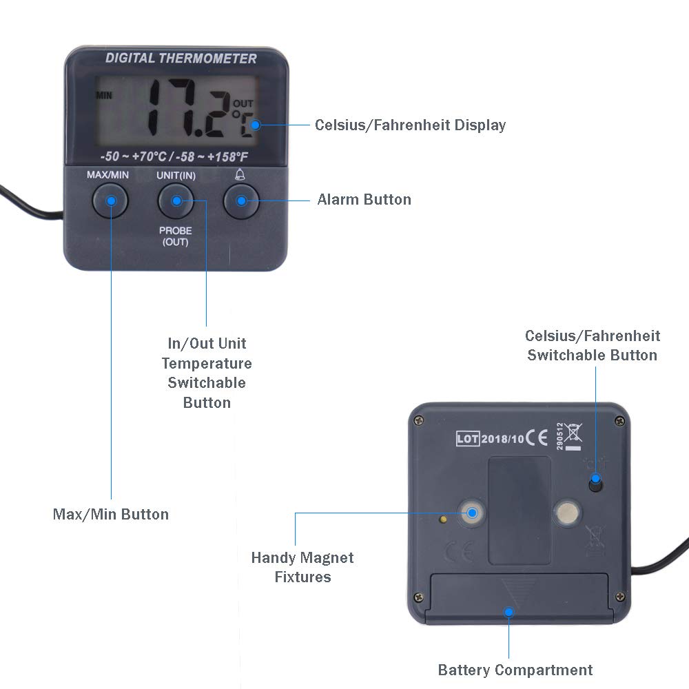 Lot de 2 thermomètres numériques réfrigérateur avec alarme température max/min - Thermomètre congélateur pour surveillance aliments réfrigérés