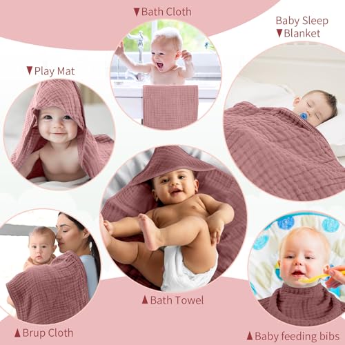 Image of VitalCozy 6 Pcs Baby Muslin Hooded Bath Towels and Washcloths, Muslin Hooded Baby Towels Absorbent Blankets for Gift Newborn Infant Shower (Mauve,Burgundy)