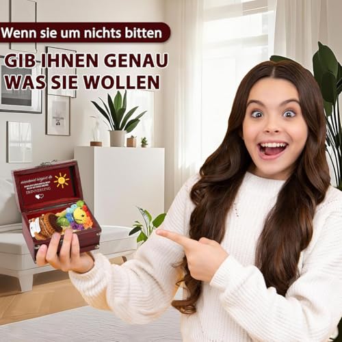 Dankeschön Geschenke Klein – Pocket Hug Deutsch Positive Gestrickte Mehrfarbig Sonnenblume mit Schlüsselanhänger & Grußkarte im Vintage-Schatztruhe – Glücksbringer für Freunde Kollegen Eltern (B)