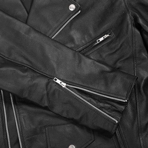 Image of Motorcycle Leather Jacket With Belt Motorbike Biker Classic Rider Rocker Made of Black Genuine Cowhide Leather