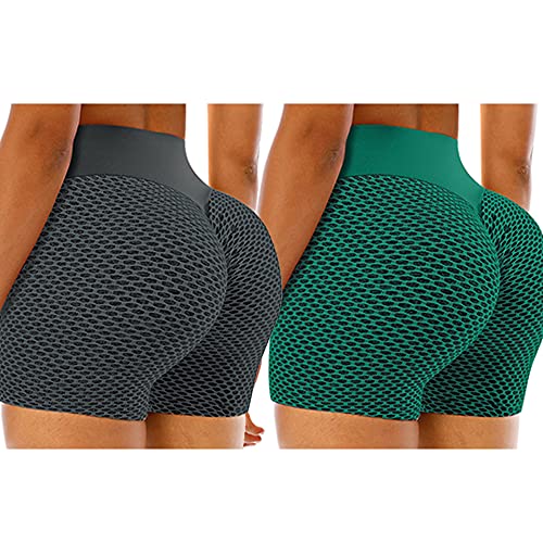 LYZ Women's Scrunch Booty TIK Tok Butt Lifting High Waist Yoga Push Up 1 or 2 Pack Shorts, A-dark Grey+green Booty Texture, Medium