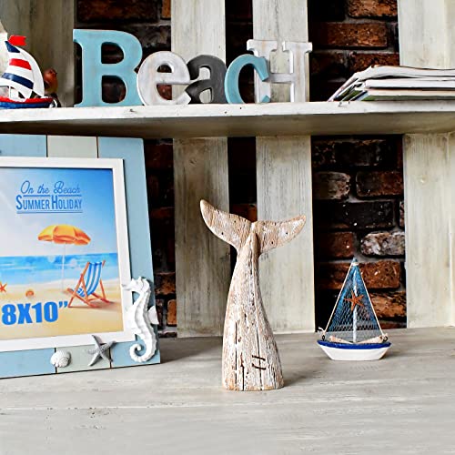 8.5" H Wood Whale Tail Table Top Statue Figurines Rustic Antique Whale Tail Beach Nautical Carving Sculpture Coastal Ocean Themed Home Decor (S) #TOP1