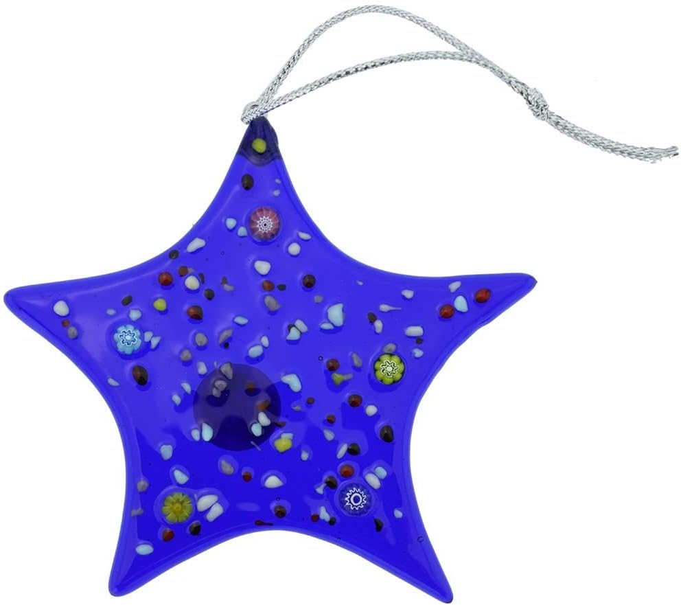 Glass Of Venice Murano Glass Star Christmas Ornament - Blue. Hanging Christmas Star Ornament for Christmas Tree Handmade in Venice, Italy.
