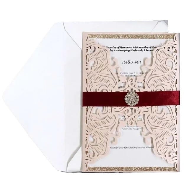 Faire Part De Mariage (50 pièces/lot) Carte d'invitation de Mariage en Dentelle Rose, Invitations de fiançailles, d'anniversaire, de baptême à Paillettes dorées(Pink,Cover and Envelope)