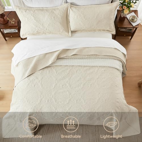 Image of ENJOHOS Oversized King Bedspread 138x122, California King Quilt with Damask Pattern, Beige Coverlet with Pillowcase, Lightweight Soft Extra Wide Comforter Bedding Set for All Season | Breathable