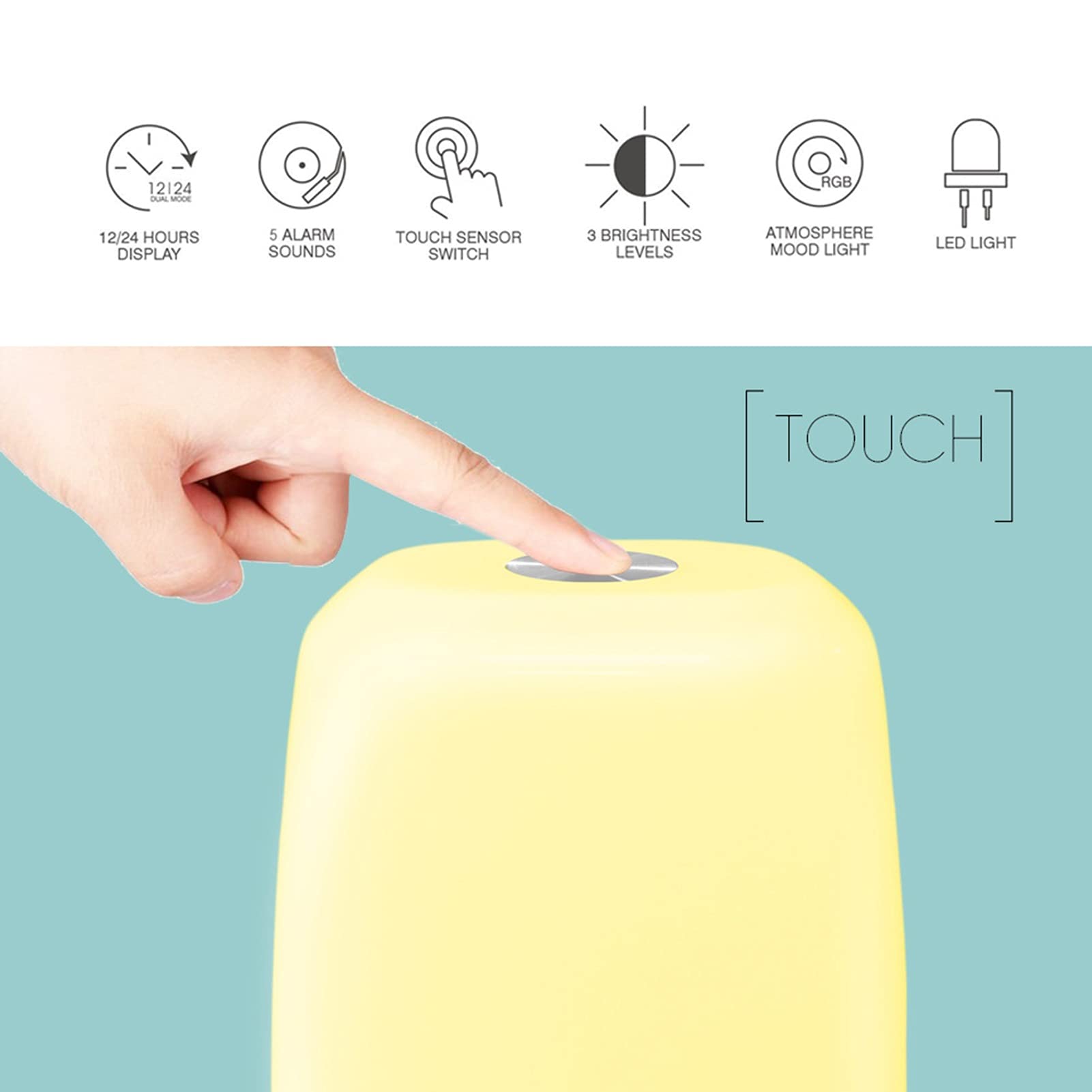 Tocca Luce Notturna Sveglia Digitale con Sveglia con Simulazione Alba/Tramonto, Sveglia e Snooze 5 Suoni di Allarme Naturali per Camera da Letto, Comodino, Allattamento