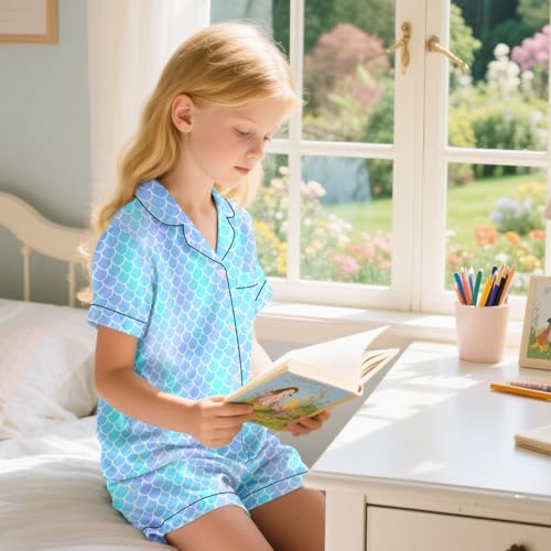 Nidoul Girls Pajamas Satin Short Sleeve Button Down Silky Pjs Girls' Sleepwear Set for Toddler Kids 3T-10Y3