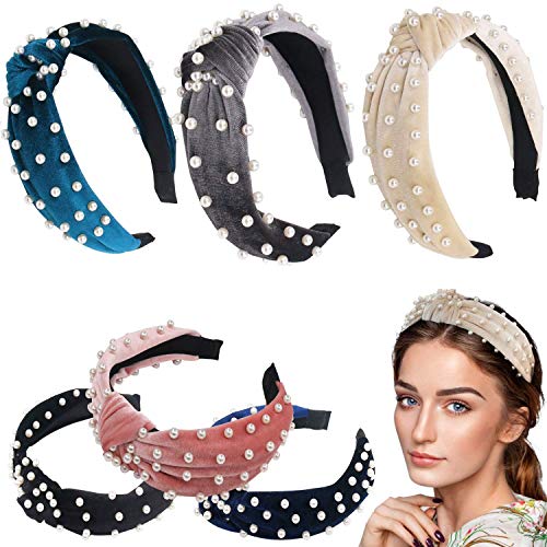 ForTomorrow 6 Pack Velvet Wide Pearl Headbands Twist Knot Turban Headband Vintage Retro Hairband with Faux Pearl Fashion Hair Hoops for Women and Girls (Black,White,Pink,Grey,Blue,Navy)