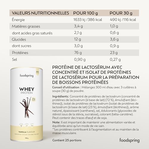foodspring - Poudre de protéines whey Vanille - Avec 23 g de protéines de croissance musculaire, solubilité parfaite, ultra-filtrée et riche en BCAA et EAA - goût complet et délicieux (750 g) – Image 6