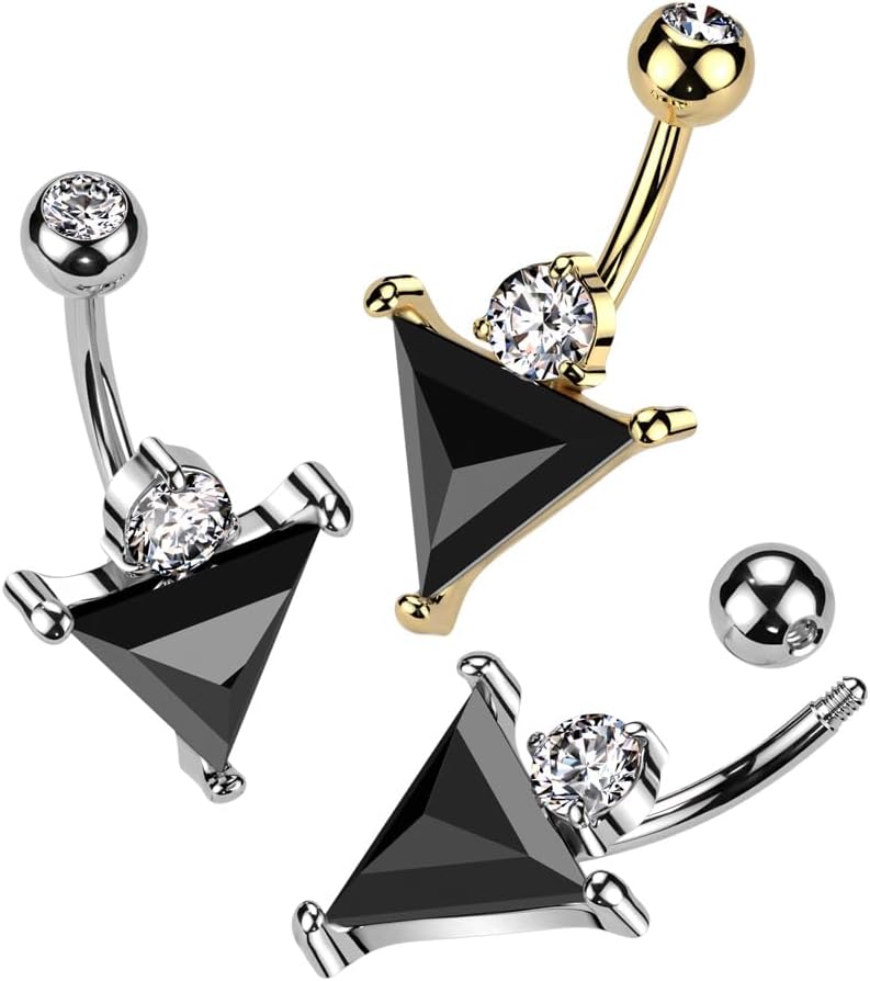 Pierced Owl 14GA 316L Stainless Steel Black CZ Crystal Triangle Belly Button Ring - Image 3