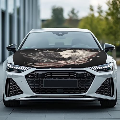 Image of Cool Wolf American Flag Car Hood Cover Protector 59x39 Inch Auto Hood Wrap Blankets Stretchable Waterproof Sun Proof Auto Patriotic Decorations for Sedans SUV Trucks