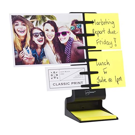 Note Tower Desktop Mini Sticky Note Holder - Prevents Lost & Misplaced Sticky Notes, Displays up to 4 Photos, Includes 50 Sheets of 3" x 3" Sticky Notes, Easy One-Handed Paper Insertion, Black