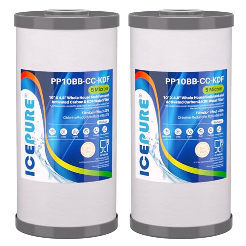 Image of ICEPURE 5 Micron 10 inch x 4.5 inch Whole House Sediment Activated Carbon and KDF Water Filter Compatible with GE FXHTC, GXWH40L, RFC-BBSA W50PEHD Whirlpool WHKF-GD25BB GXWH35F GNWH38S Dupont WFHD13001, 2PACK