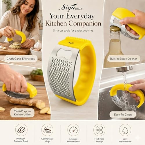 Image of Signamio Garlic Peeler Tool - Versatile Garlic Crusher Mini Hand Press Chopper for Effortless Garlic Preparation, Durable and Easy to Clean Kitchen Essential - Yellow