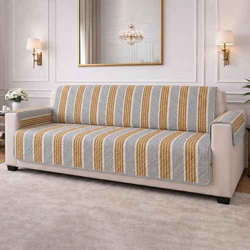 Image of STITCHNEST 'CloudFeel Series' Quilted Printed Velvet Sofa Cover for 2 Seater | Premium Soft Velvet Sofa Protector | Mustard Black Striped Design with Armrest Pockets | Furniture Cover