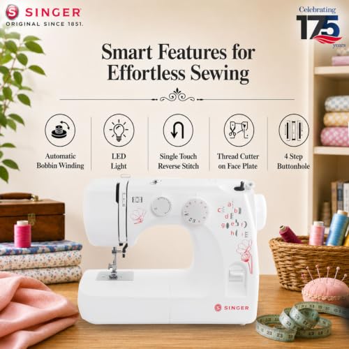 Image of SINGER 1310 Automatic Zig Zag Electric Sewing Machine | 10 Built-in Stitches & 22 Stitch Functions | Powerful 60 W Motor | 4-Step Buttonhole | Length Dial | LED Light | Metal Frame | 2 Years Warranty