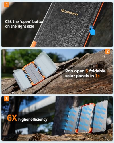 LATIMERIA Solar Power Bank with 3 Panels Portable Charger Built-in 2 Cables - Image 2