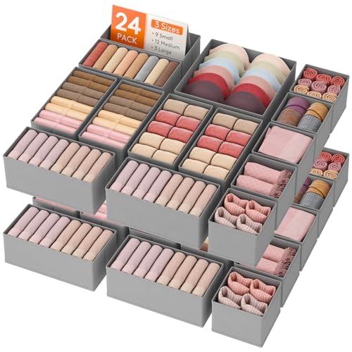 Image of Lifewit Drawer Organizer Clothes for Closet 24 Pack, 3 Sizes Underwear Wardrobe Drawer Dividers, Fabric Foldable Dresser Storage Organizer Bins for Sock, Bra, Lingerie, Undies, Grey