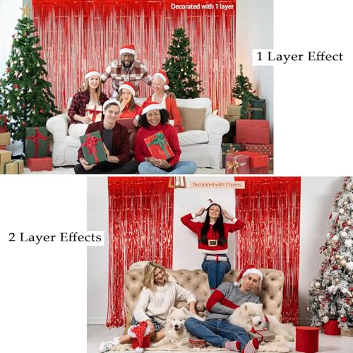 Image of 4 Pack Red Tinsel Foil Fringe Curtains Backdrop, Slmeno Red Metallic Fringe Backdrop Curtains Glitter Party Streamers, for Birthday Valentines New Year Holiday Party Decorations
