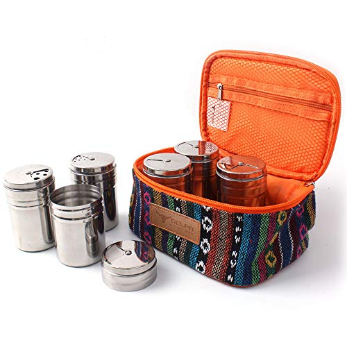 Stainless Steel Spice Shaker with Rotating Lids and Travel Bag, Salt And Pepper Shakers Set For Salt Sugar Spice Dry Herb Spice Condiment (6 Pcs )