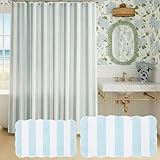 Lounsweer 3 Pcs Blue White Striped Shower Curtain Set, Blue Stripe Bathroom Shower Curtain with Bath Rugs for Bathroom Farmhouse Hotel Tub Decor, 72 x 72