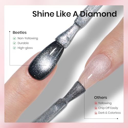 Image of Beetles Glitter Gel Top Coat Set, 6Pcs 10ml Sparkle Glitter Cat Eye Top Coat Gel Nail Polish No Wipe Long Lasting Soak Off U V LED Manicure Salon DIY Gifts for Women